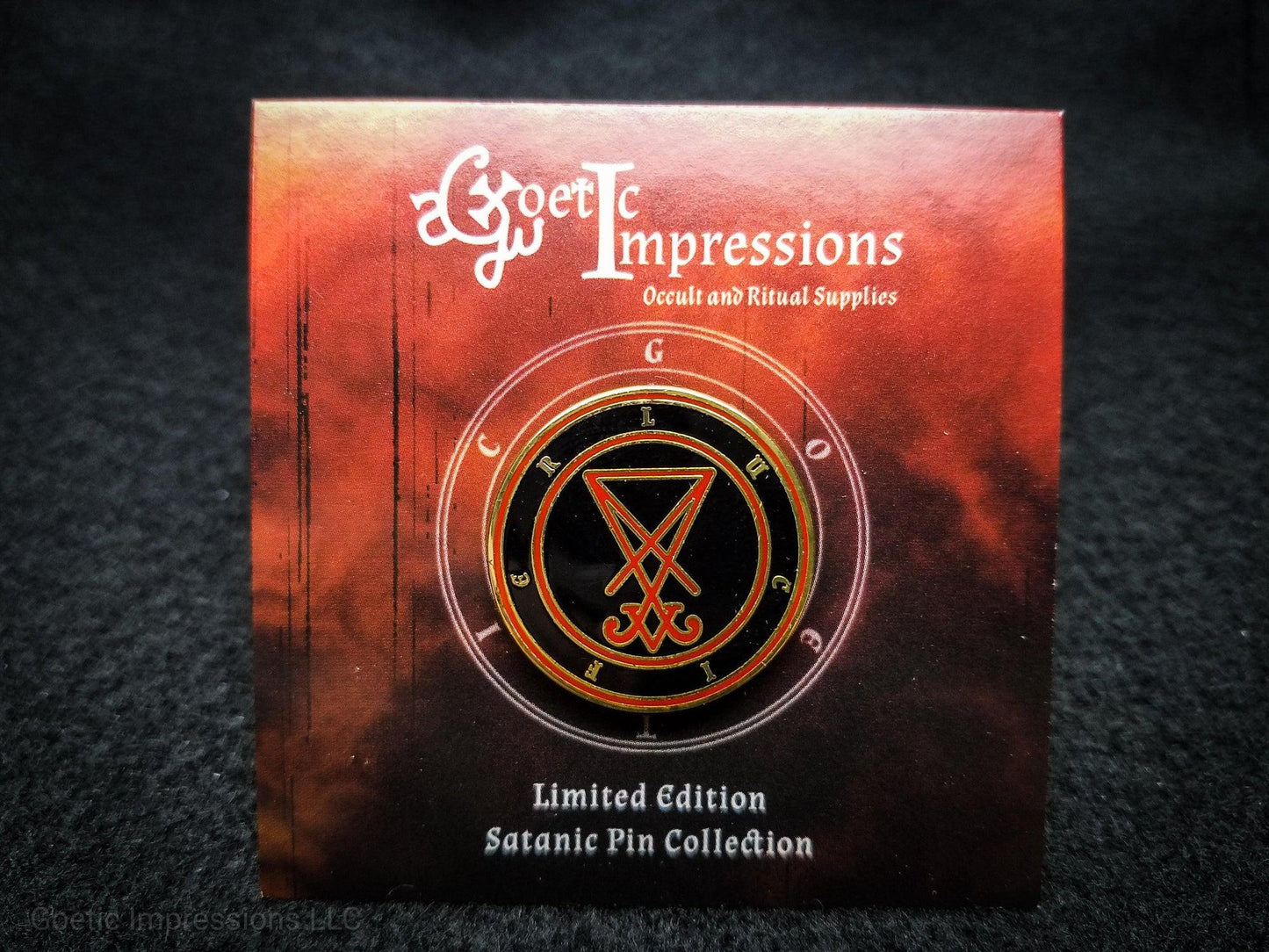Red and Gold Lucifer seal hard enamel pin