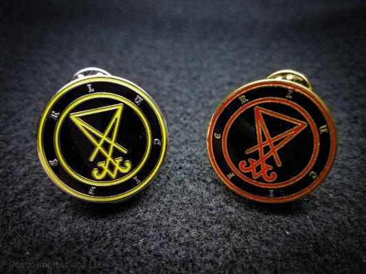 Satanic hard enamel pins featuring Yellow and Red Lucifer sigils