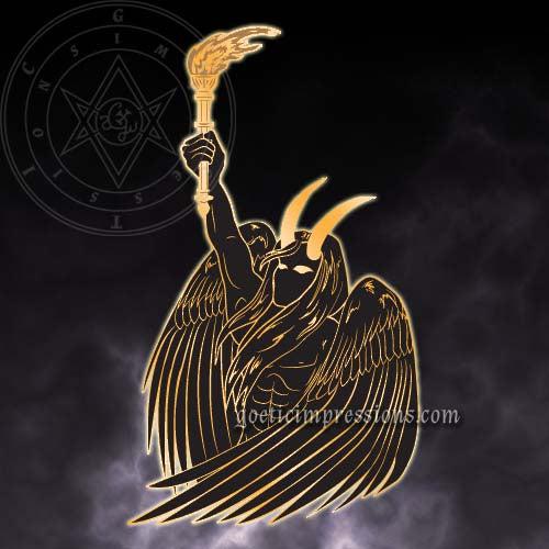 Illustration depicting Lucifer holding a torch up high. He is surrounded by his wings.
