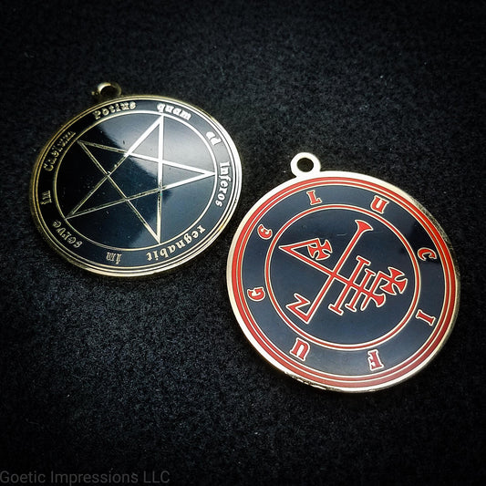 Lucifuge sigil ritual pendant with pentagram on reverse side. The reverse side of each Sigil medallion features the Latin phrase 'Potius quam ad Inferos regnabit in serve in Caelum' meaning, 'Better to rule in Hell than to serve in Heaven'.
