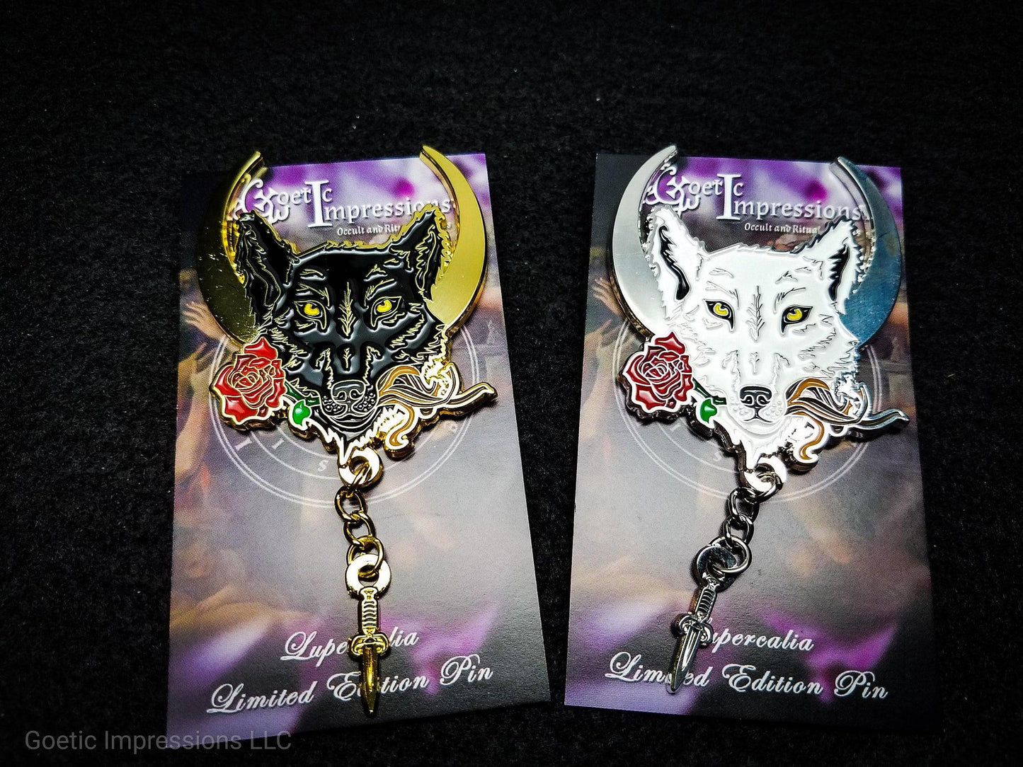 Black and White wolf Lupercalia enamel pins