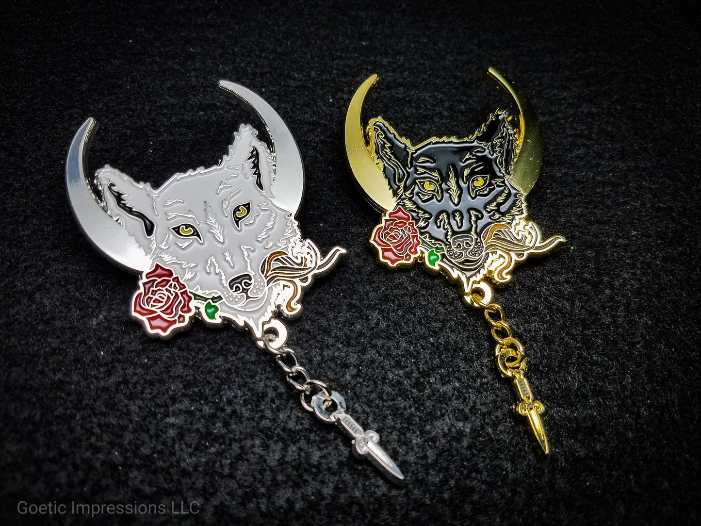Black and white lupercalia wolf pins
