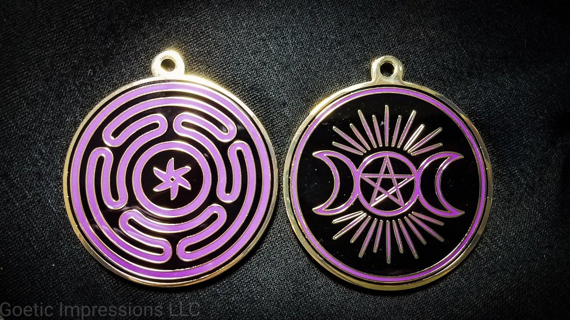 Wheel of Hecate Sigil Pendant with Triple Moon Pentagram symbol on reverse side.