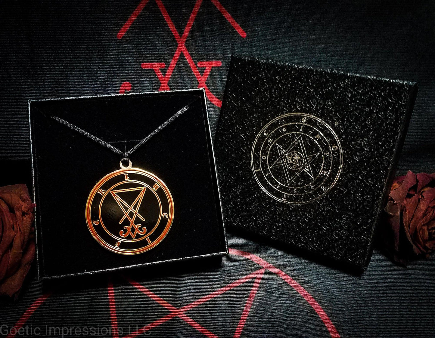 Red and Gold Lucifer necklace with gift box