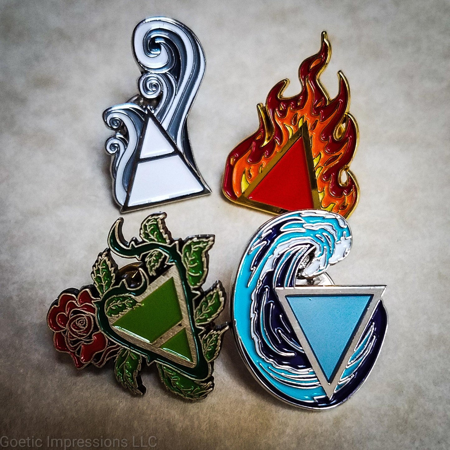 Air, Fire, Earth, Water alchemy symbol pins