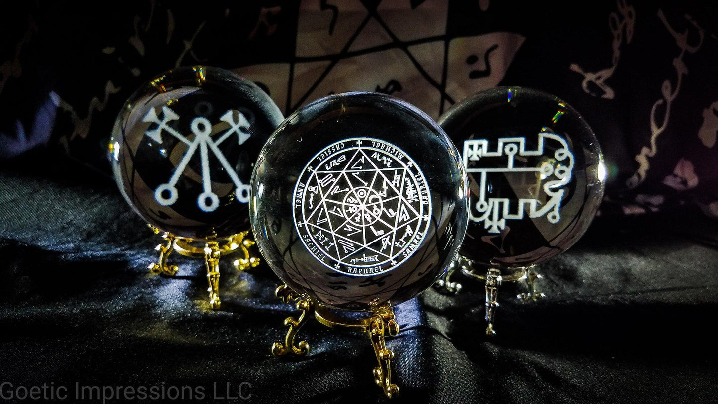 Occult sigil crystal balls featuring the sigil of Marbas, Stolas and archangel seal