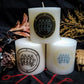 White pillar candles featuring sigil and seal of Paimon