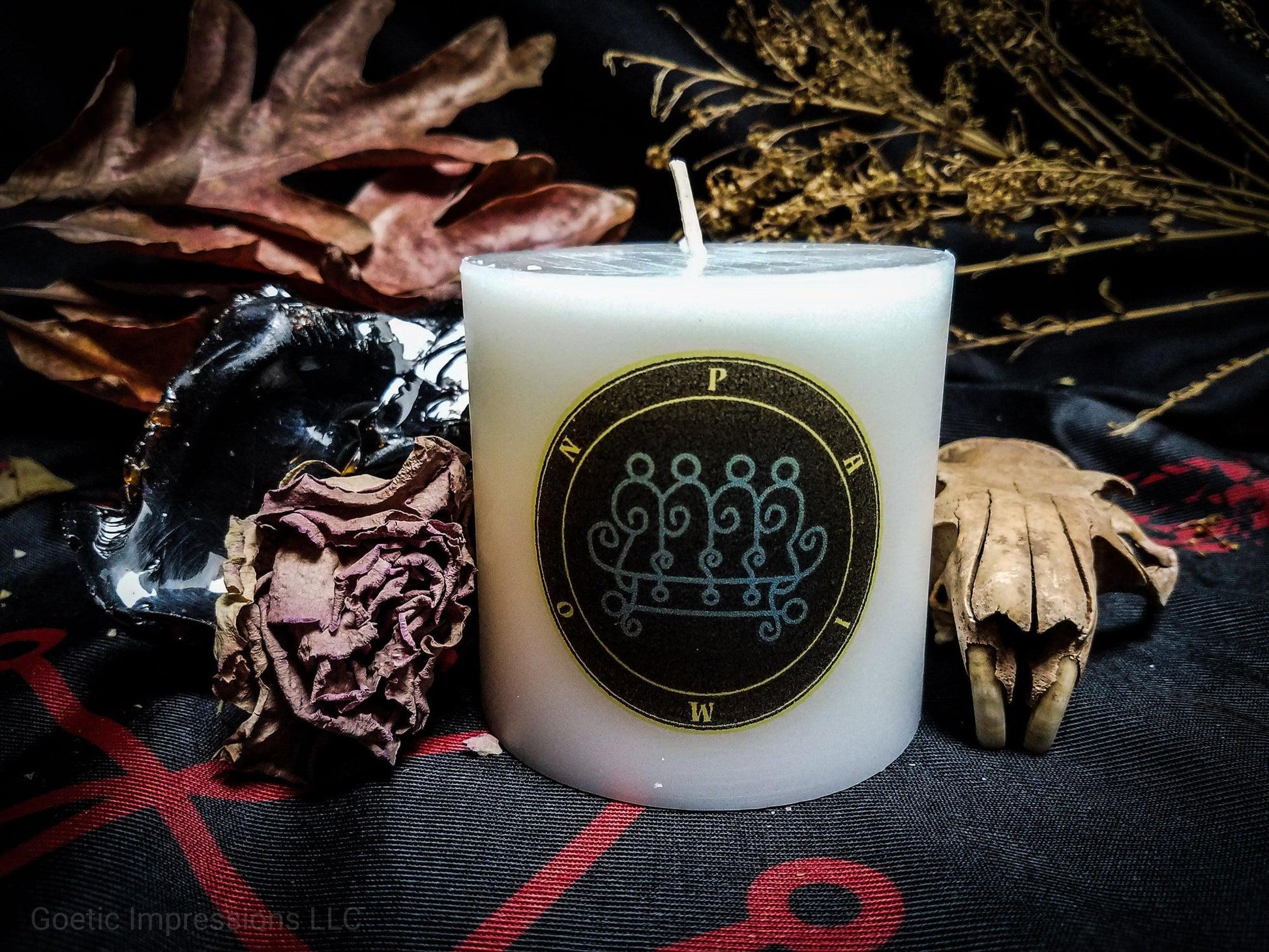 Full Color Paimon sigil pillar candle on a white candle