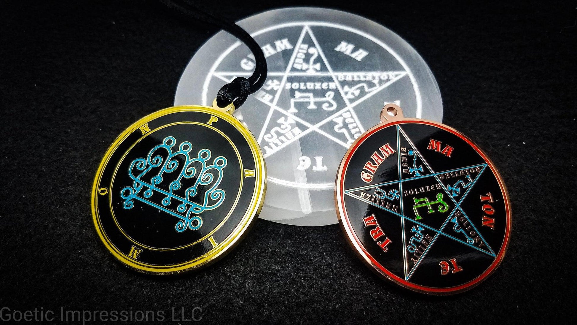 Pentacle of Solomon selenite charging plate with goetic medallions featuring Paimon
