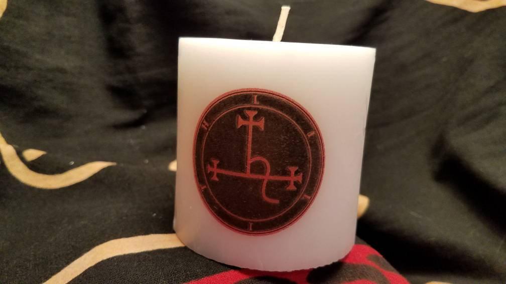 Black and Red lilith seal on a white candle