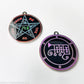 Two silver plated medallions featuring the front and back of the Ars Goetia spirit Ronove. The sigil is purple with the name and circle surrounding in purple. The Reverse is the TETRAGRAMMATON. The pentacle is blue with a red circle. Tetragrammaton is in red. The center sigil is green. 
