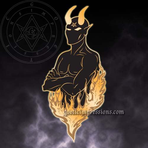 Illustration of Satan. He is folding his arms in defiance with his torso rising above the flames.