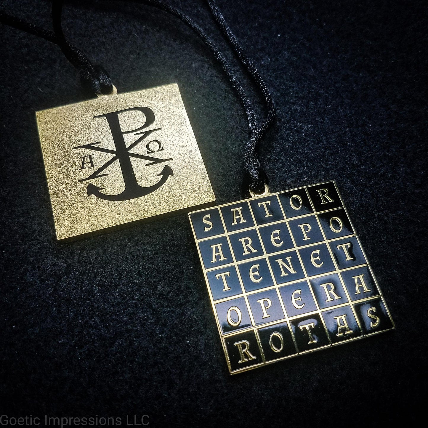 SATOR Square talisman featuring the Chi Rho symbol with Alpha and Omega on the reverse side.