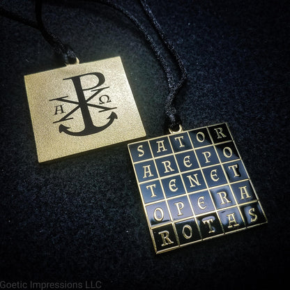 SATOR Square talisman featuring the Chi Rho symbol with Alpha and Omega on the reverse side.