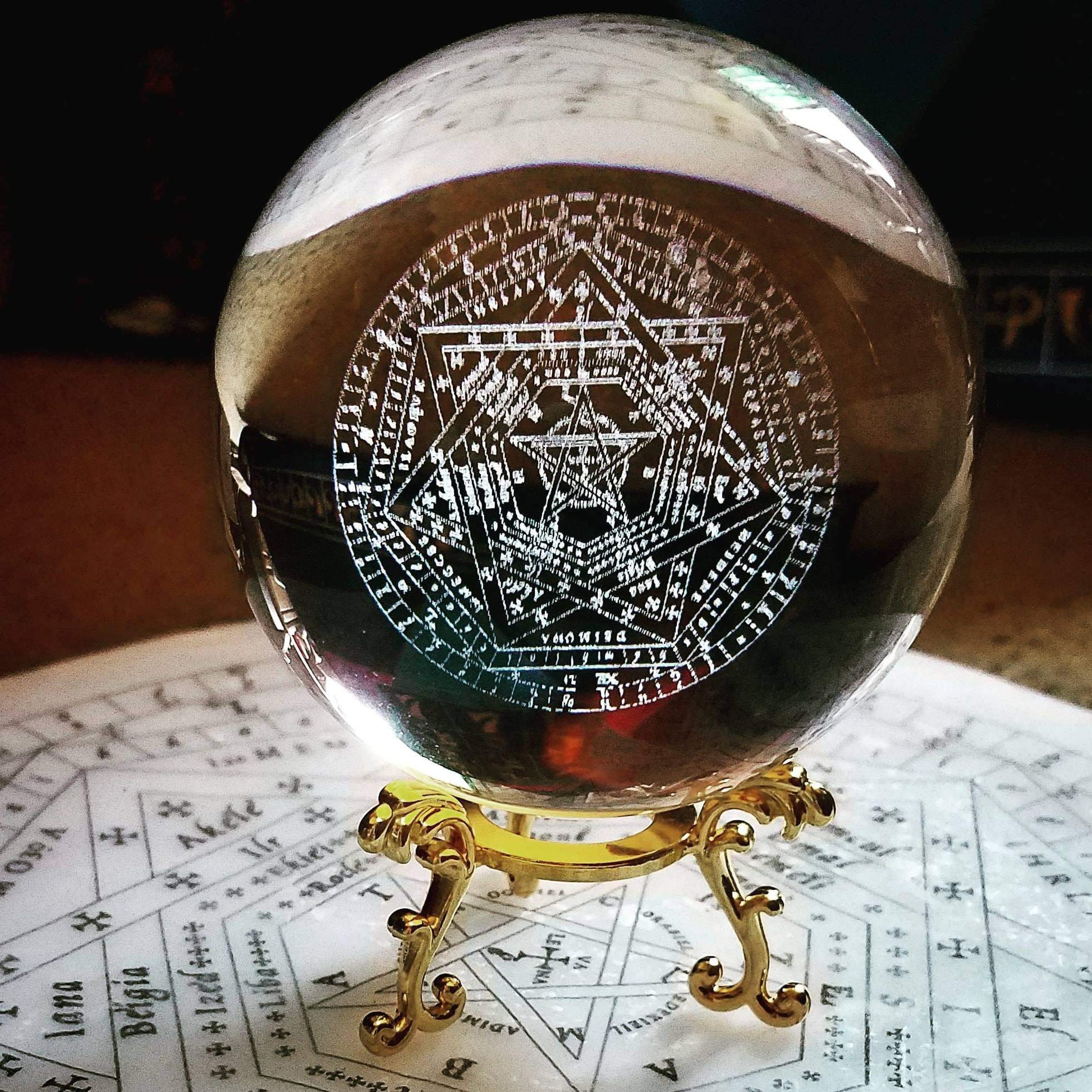 Sigillum Dei Aemeth engraved crystal ball with stand