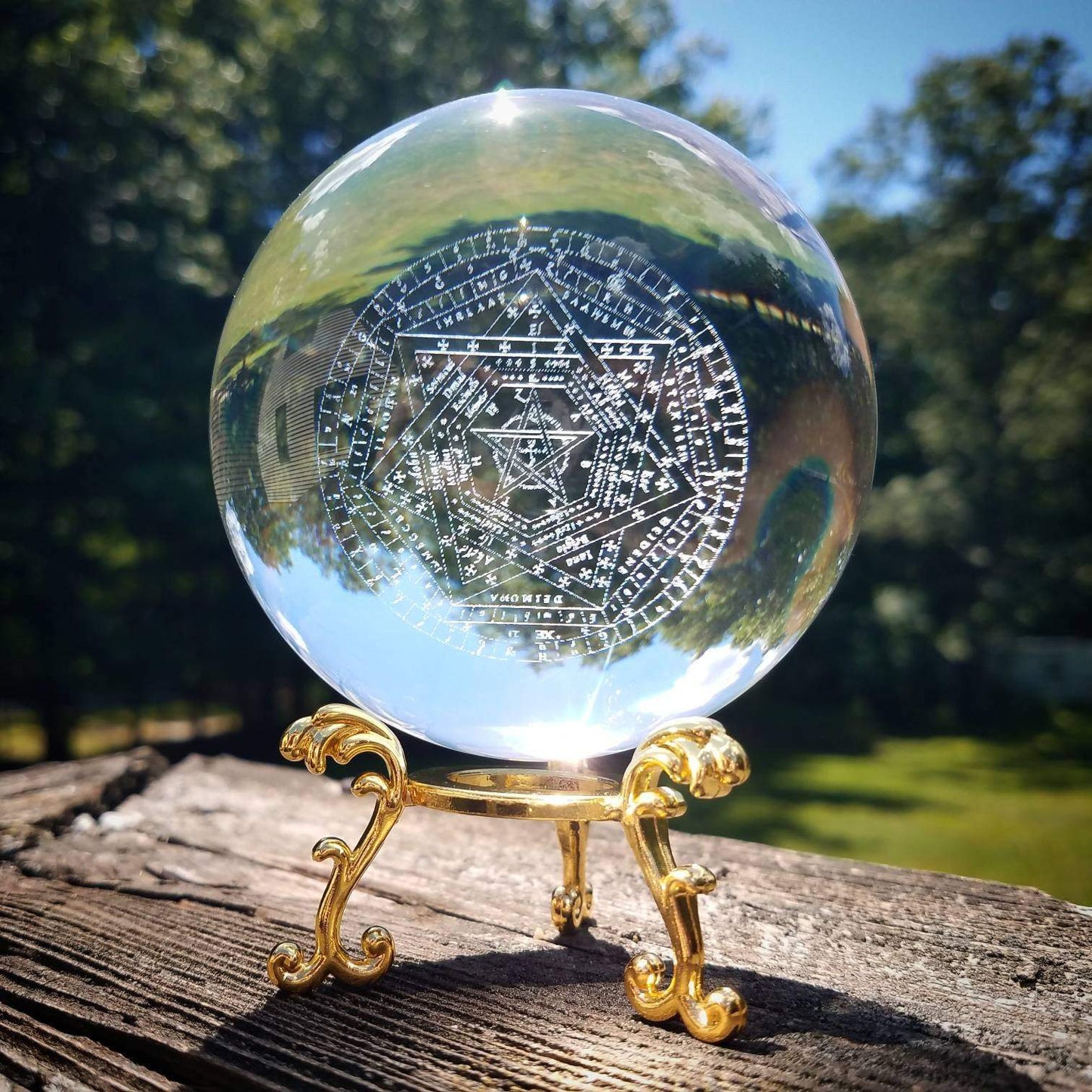Laser engraved Sigillum Dei Aemeth crystal ball with gold stand