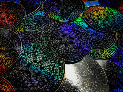 Black and White Holographic stickers featuring the Sigillum Dei Aemeth