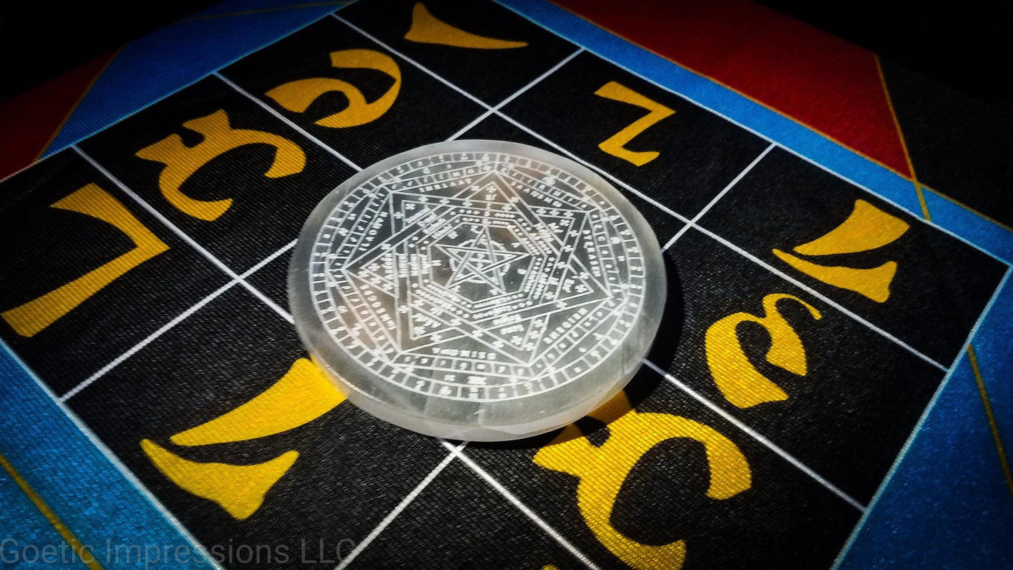 Enochian Sigillum Dei Aemeth selenite charging plate on a Table of Practice Altar Cloth