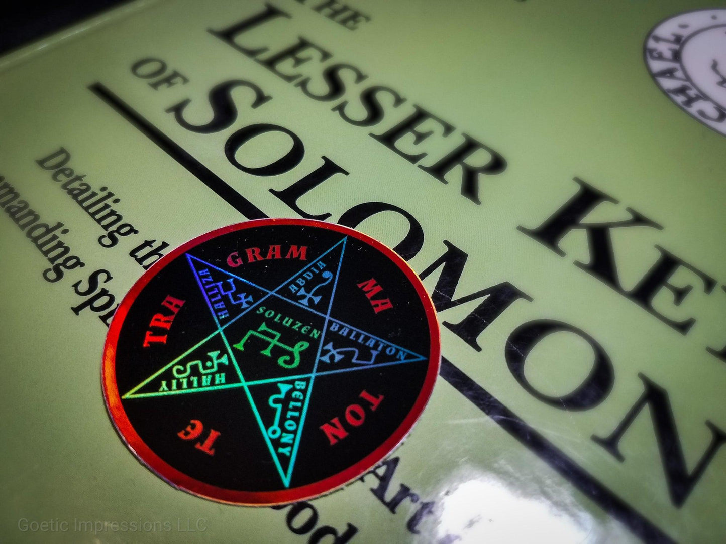 Colorful holographic sticker featuring the Pentacle of Solomon from the Lesser Key of Solomon