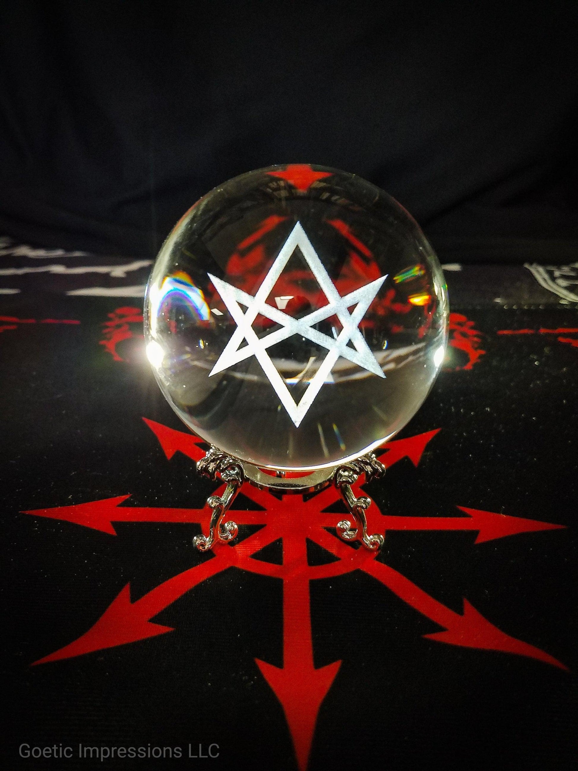 Unicursal Hexagram sigil crystal ball with chaos star altar cloth