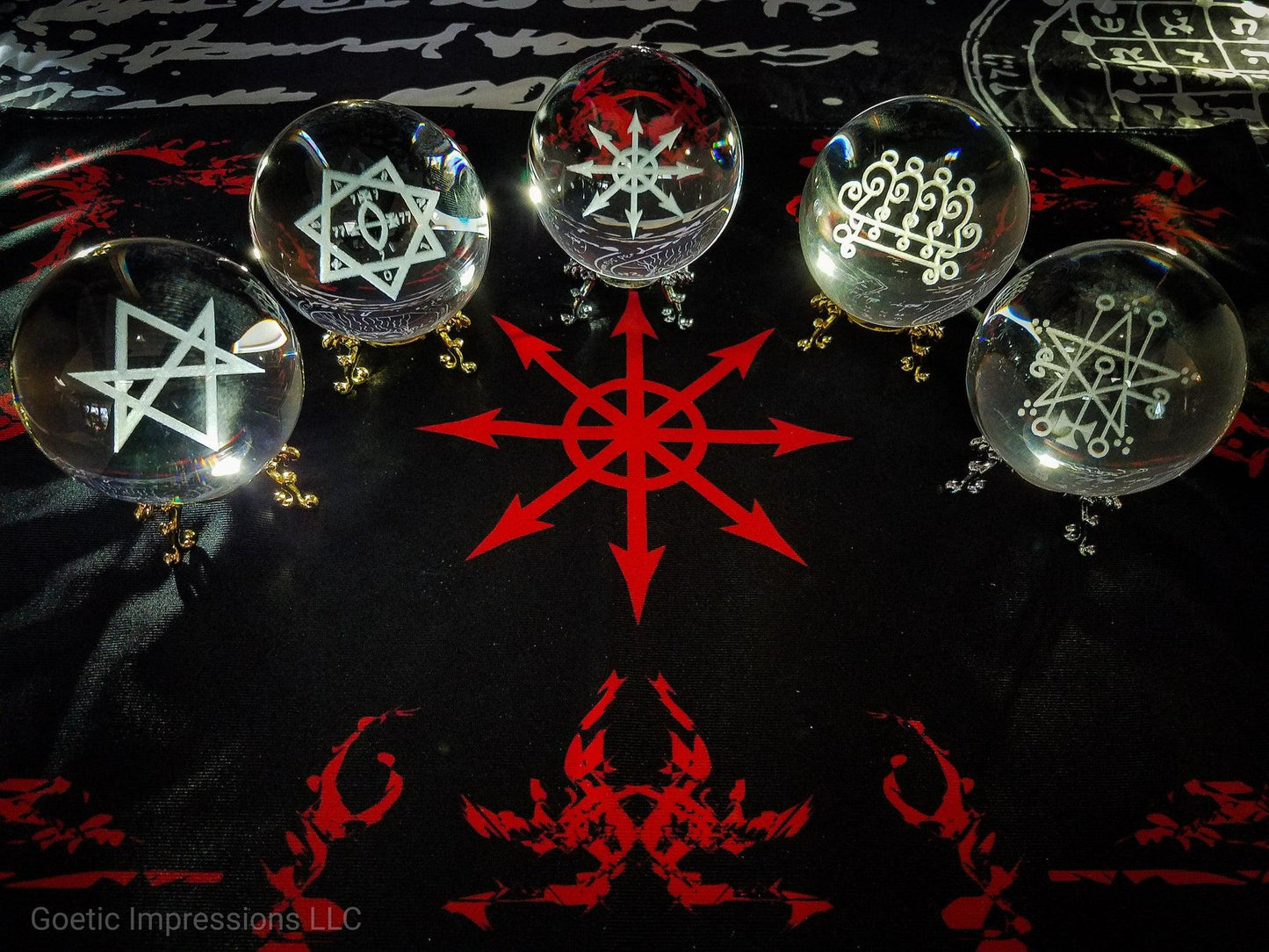 Occult sigil crystal balls featuring Unicursal Hexagram, Babalon Star, Chaos Star, Paimon and Astaroth