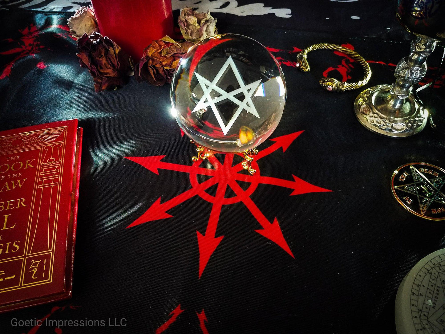 Thelemic decor featuring a unicursal hexagram crystal ball