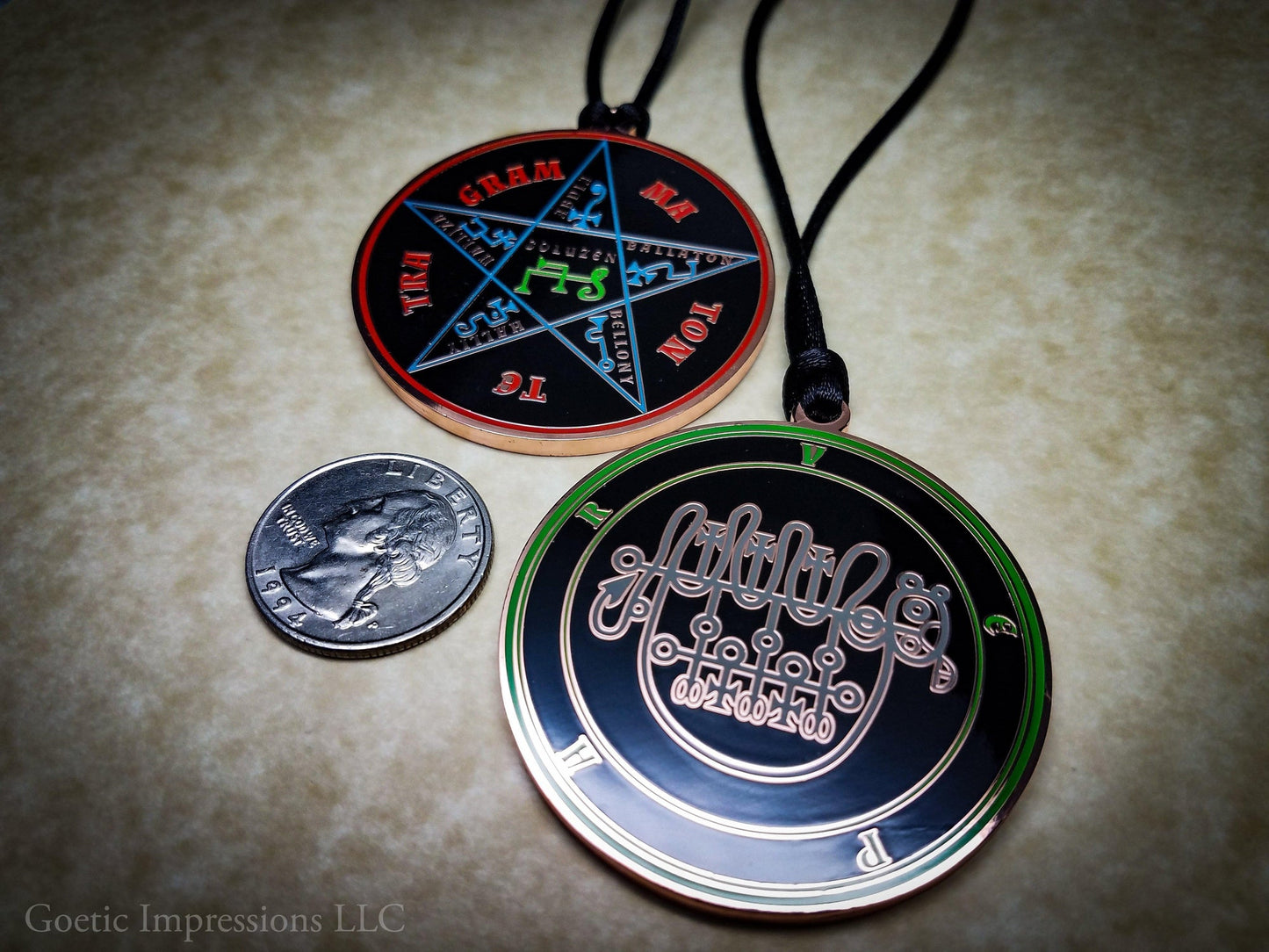 Seal of Vepar sigil medallion with Pentacle of Solomon on reverse side.