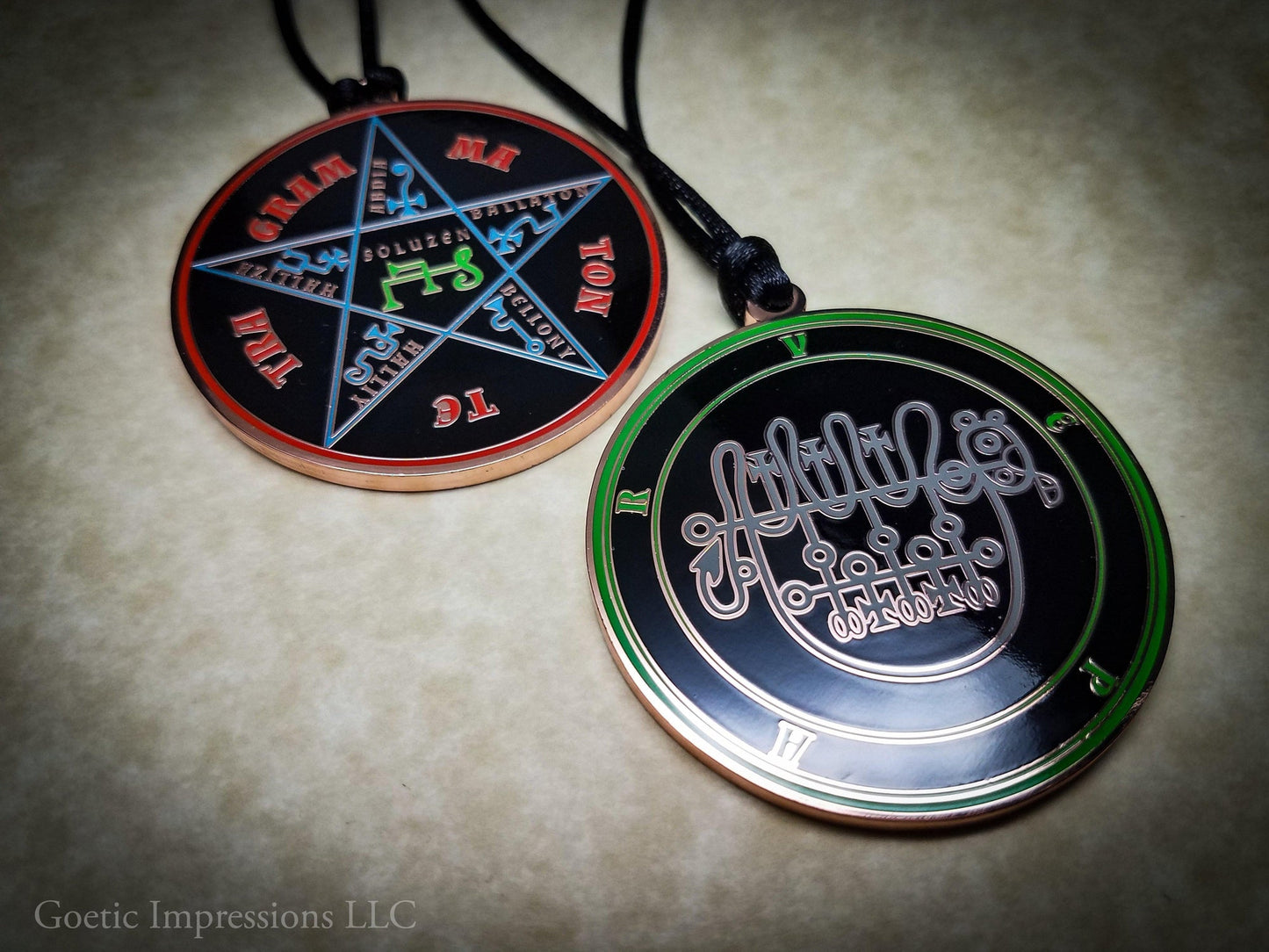 Copper Seal of Vepar sigil medallion with Pentacle of Solomon on reverse side.